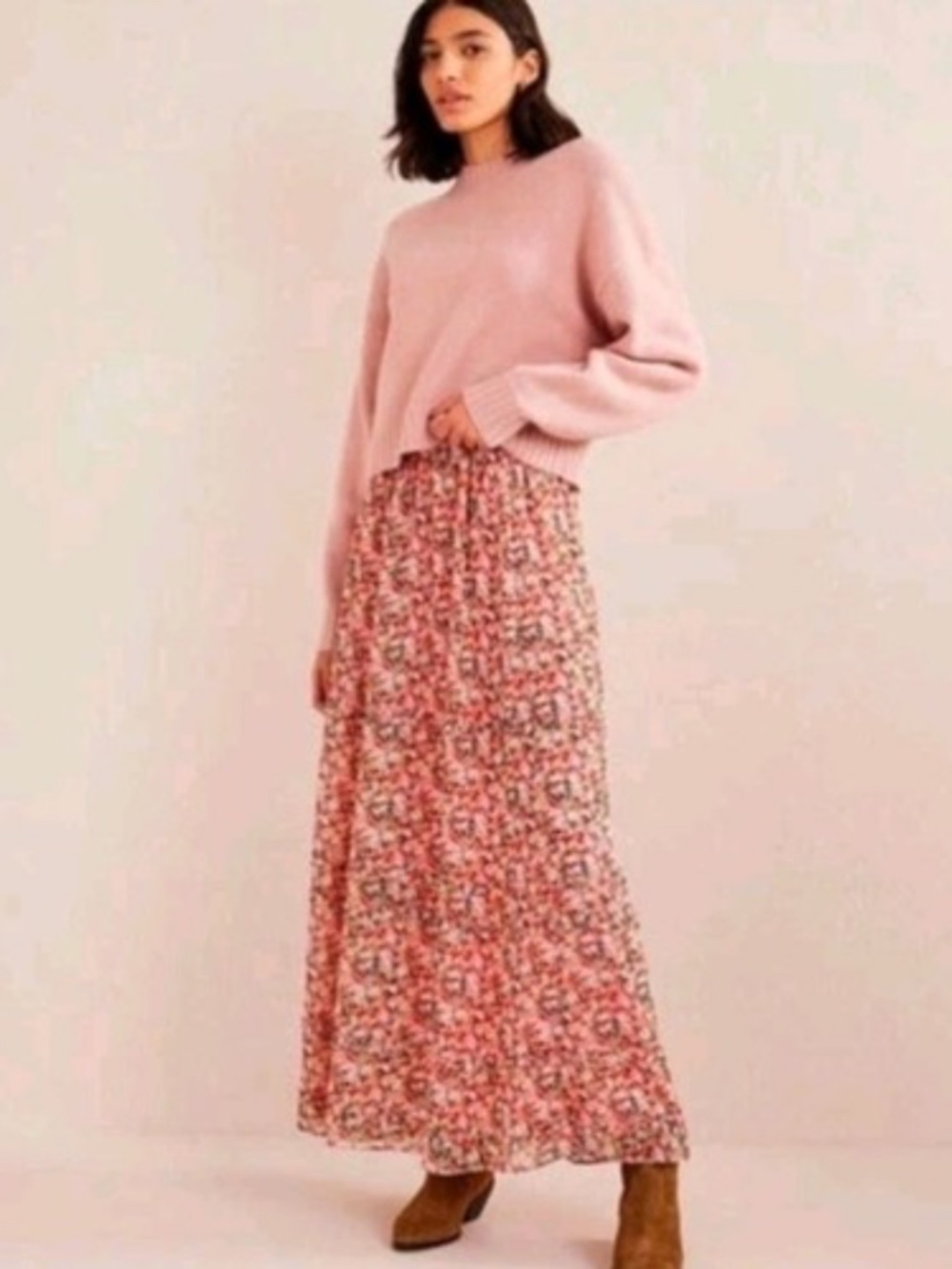 Boden Ruffle Crinkle Floral Maxi Skirt Pink Size 10 R0291